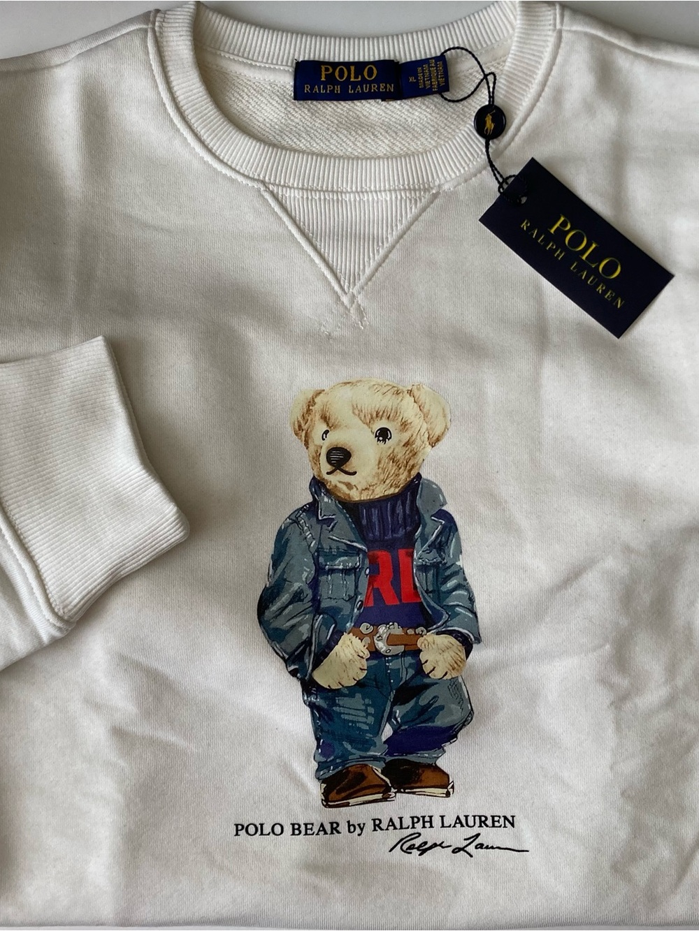 Polo Bear Ralph Lauren Sweatshirt White Cotton Long Sleeve XL Men’s Crewneck